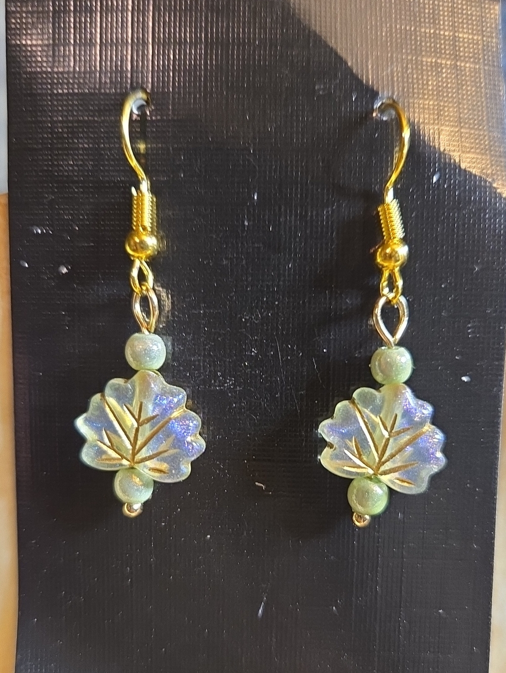 Gold-Tone Iridescent Green Leaf Dangle Earrings: A